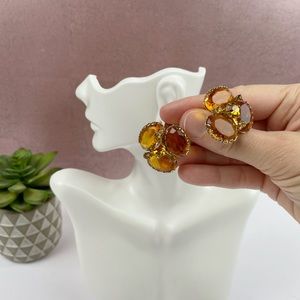 Orange Clear See Through 3 Stone Gold Colored Clip On Earrings Vintage Women